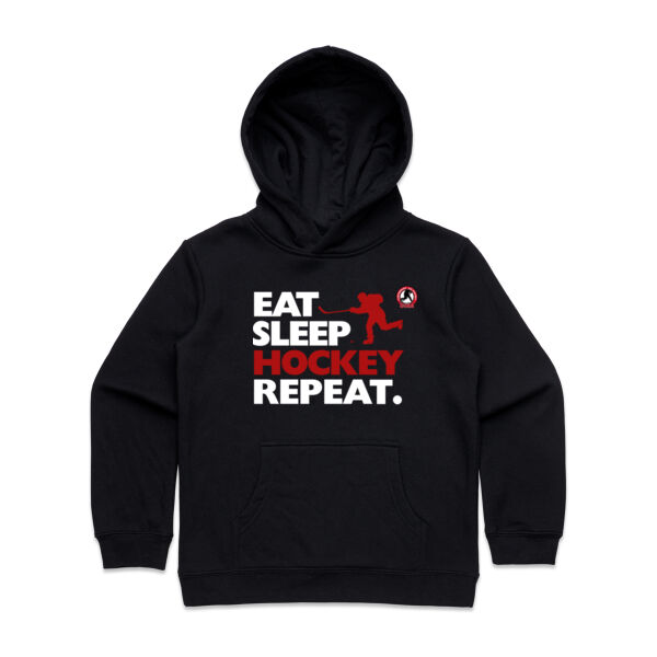 Eat Sleep Hockey Repeat - Youth Hoodie, White text Thumbnail